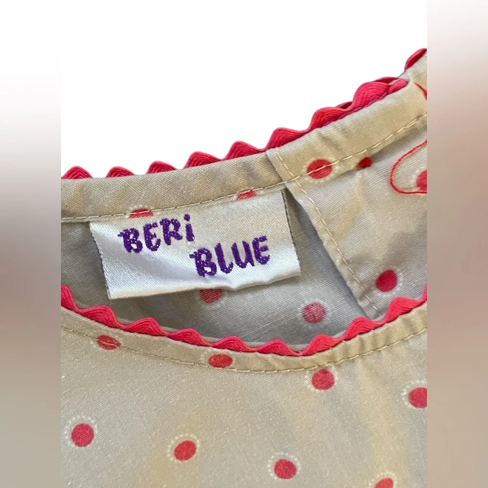 Beri Blue Boulevard Dress 14 Polka Dot Floral sleeveless Tie Back 100% Cotton